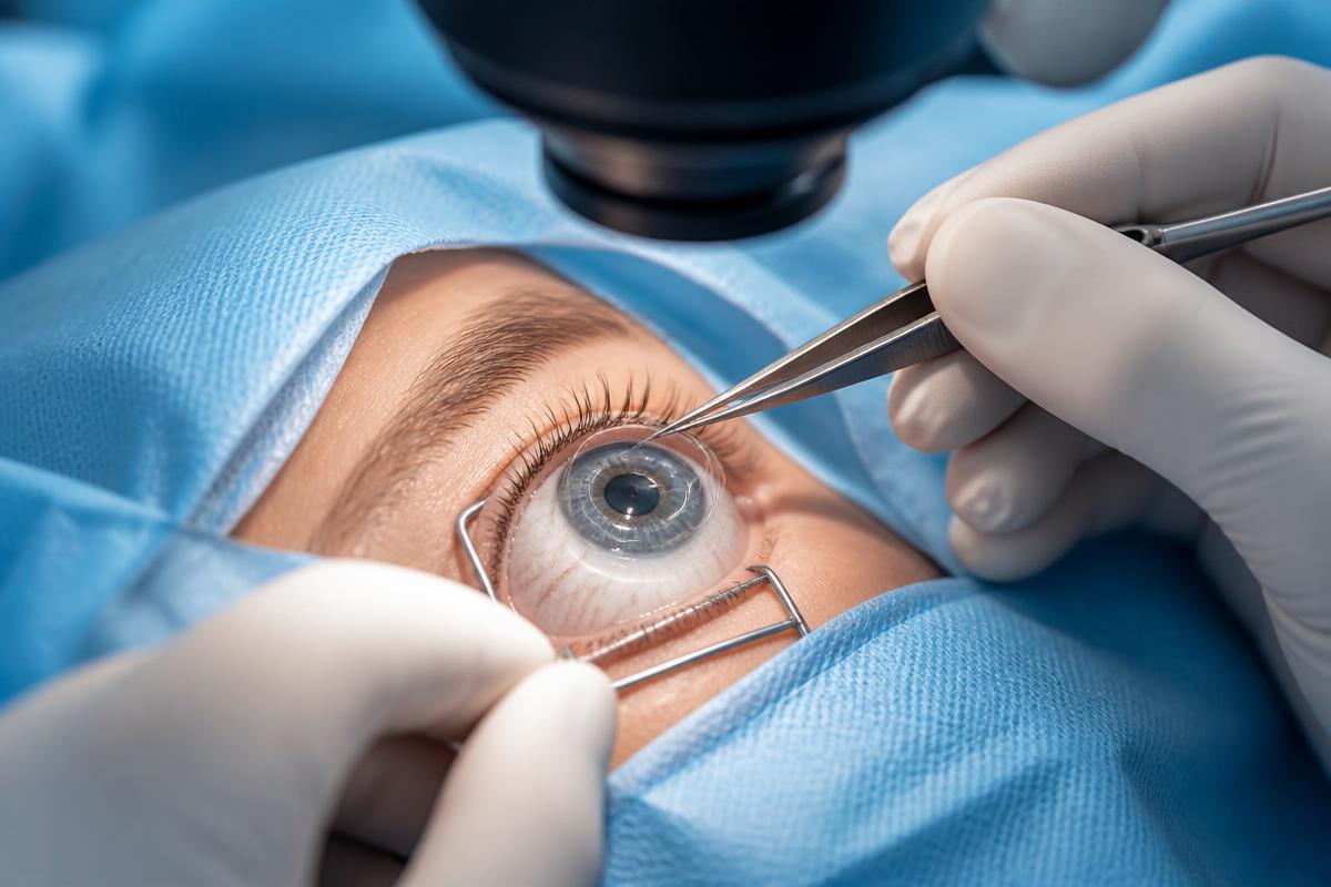 Corneal transplant procedure performed under an operating microscope