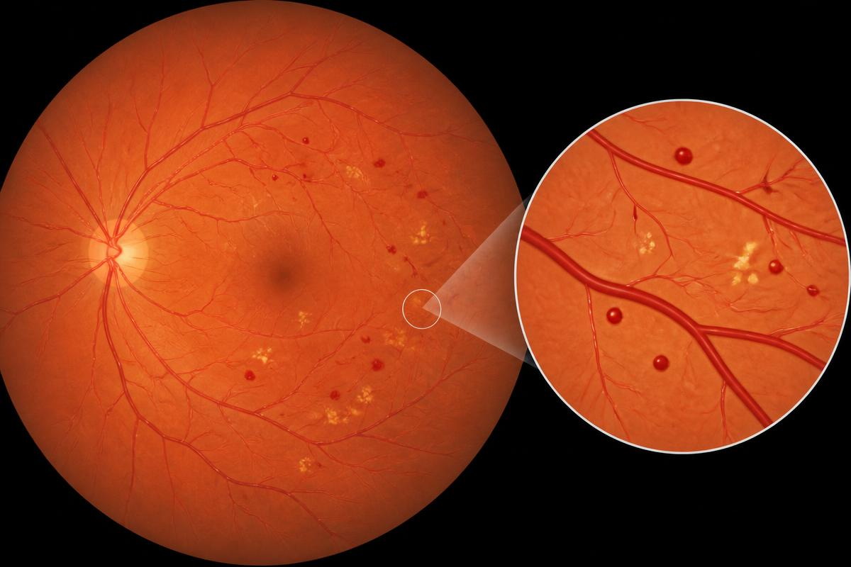 Clinical illustration of retinal microaneurysms, haemorrhages and exudates in diabetic retinopathy