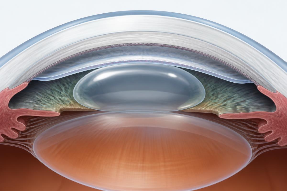 Cross-sectional illustration of an ultra-thin DMEK graft at the back of the cornea