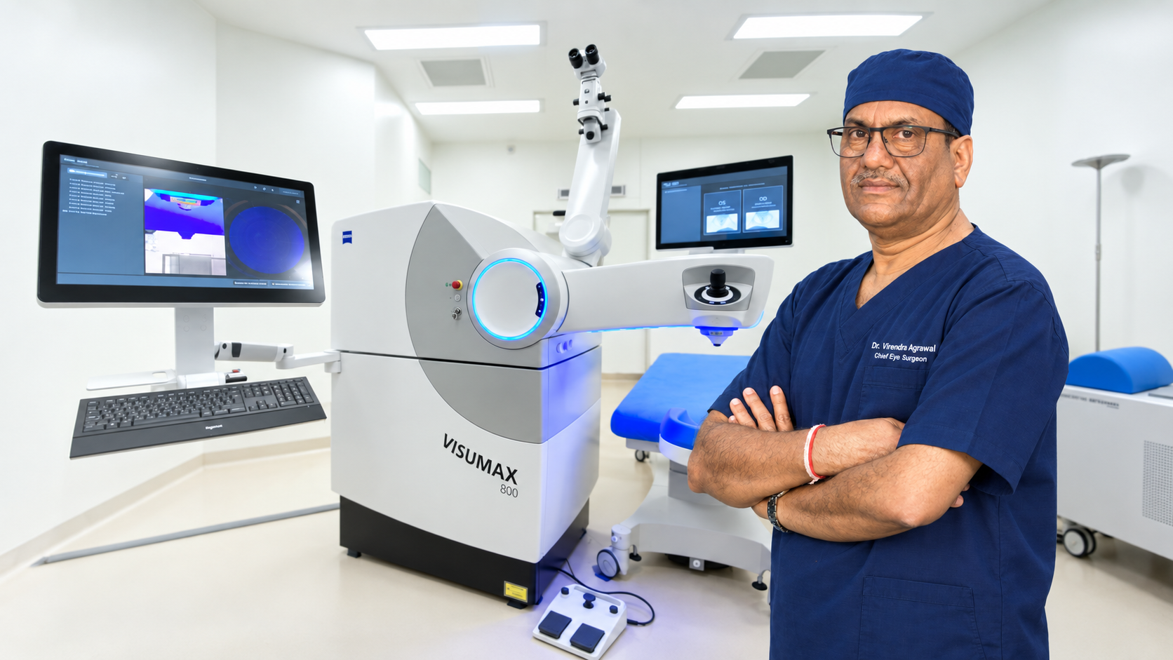 Dr. Virendra Agrawal with the ZEISS VISUMAX 800 laser system in the operating theatre at Perfect Vision Laser Eye Hospital, Jaipur