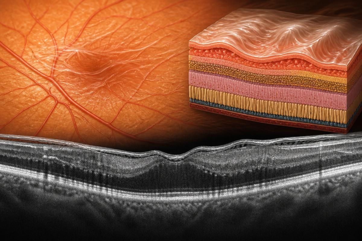 Retinal surface and OCT-style illustration showing an epiretinal membrane wrinkling the macula