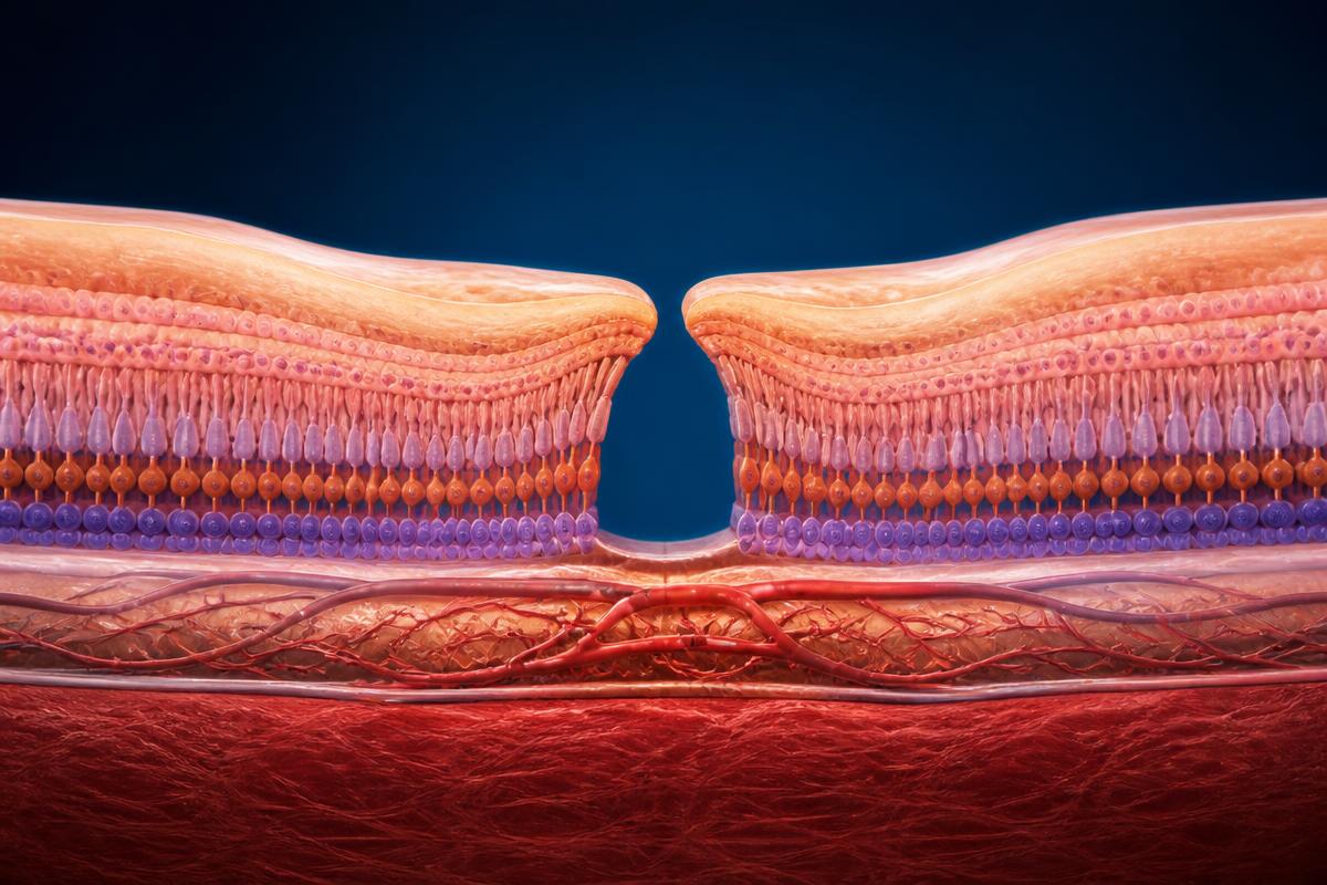Cross-sectional retinal illustration showing a full-thickness macular hole