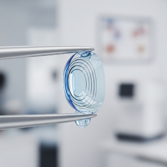 Rigid gas-permeable Ortho-K contact lens held with precision forceps