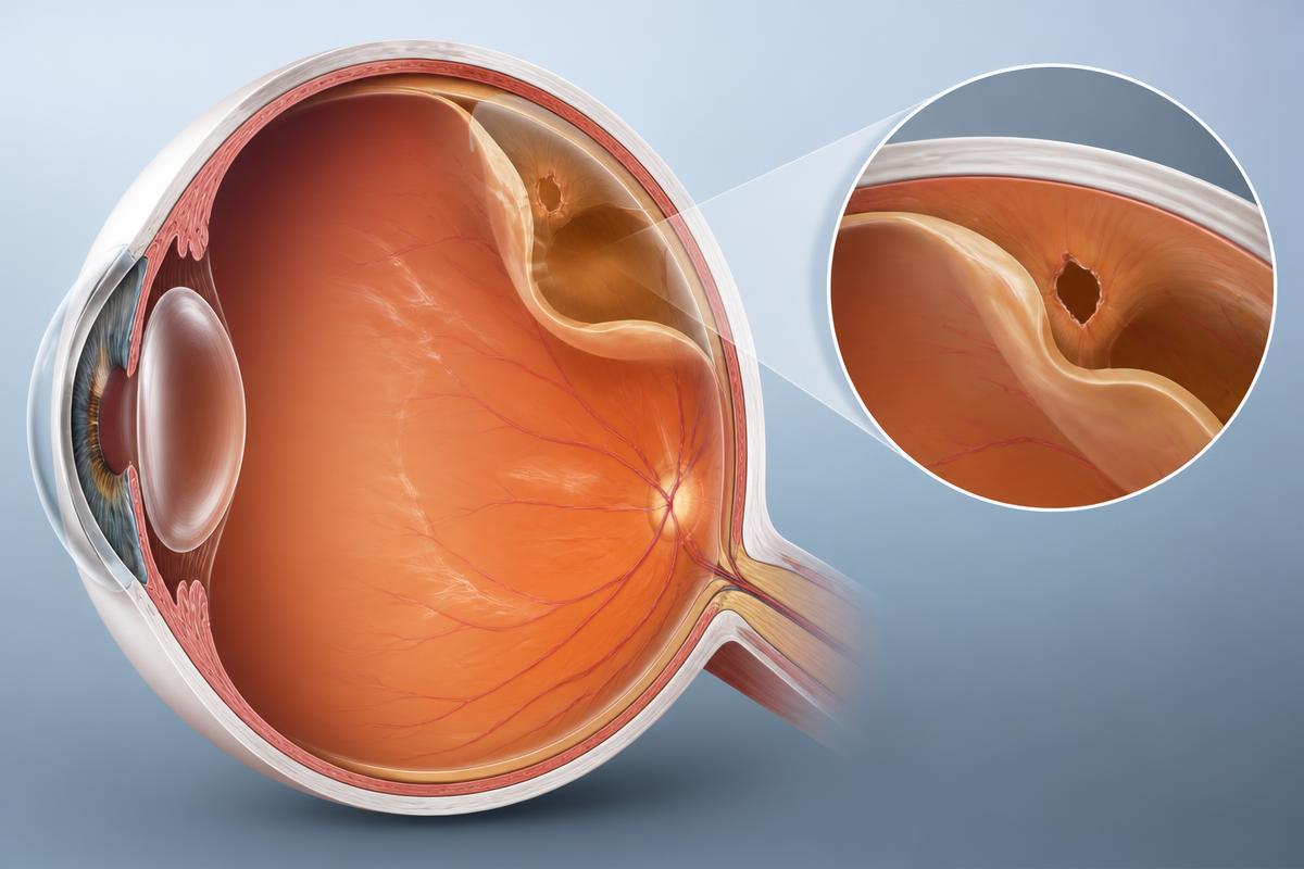 Eye cross-section showing a retinal tear and detached retina