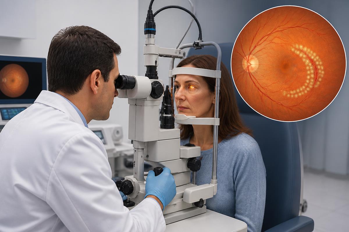 Patient receiving slit-lamp retinal laser treatment with an inset showing laser spots