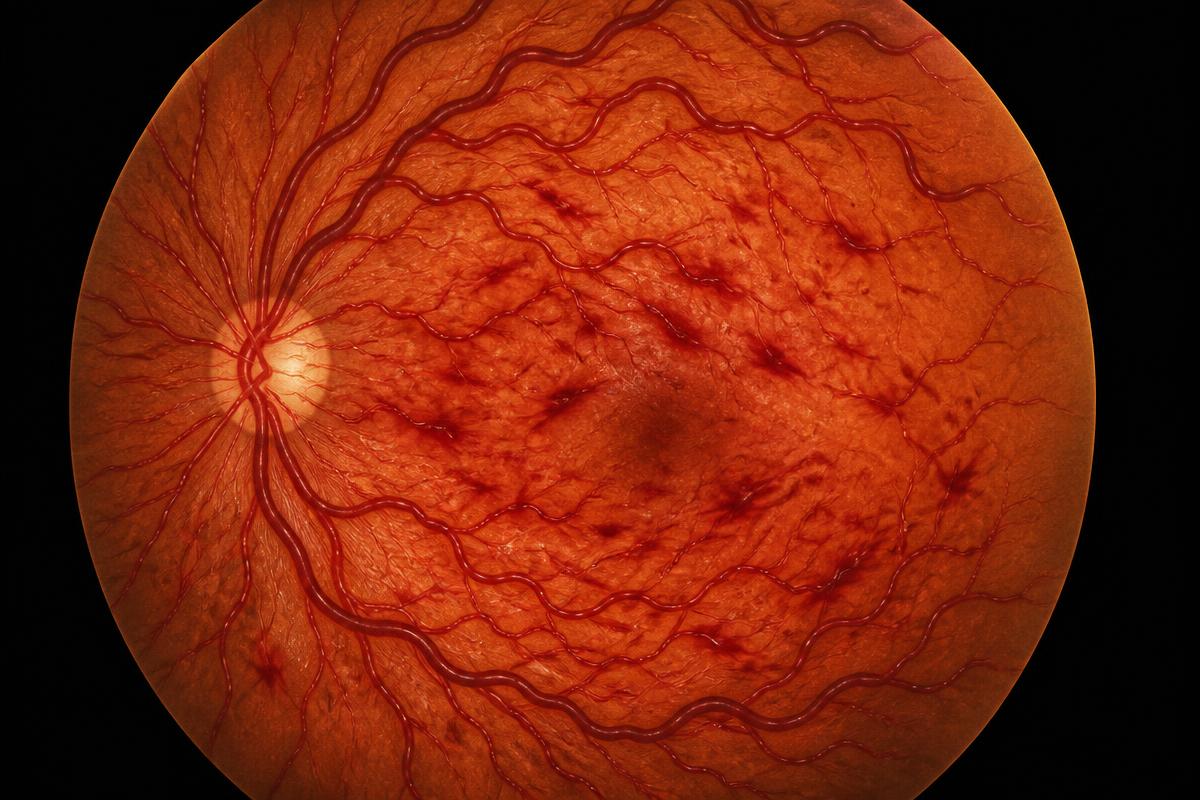 Fundus illustration showing dilated veins and retinal haemorrhages in retinal vein occlusion