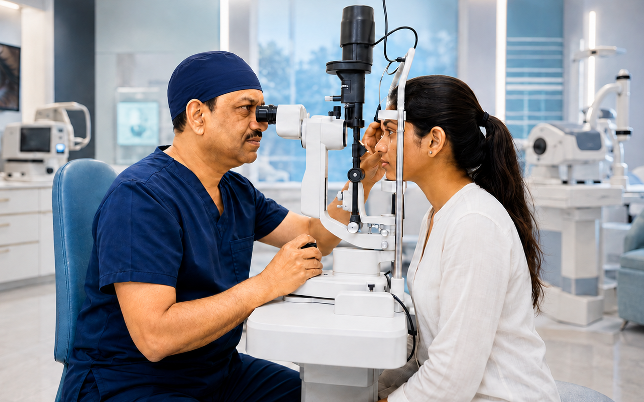 Dr. Virendra Agrawal examining a patient's eyes at Perfect Vision Laser Eye Hospital, Jaipur