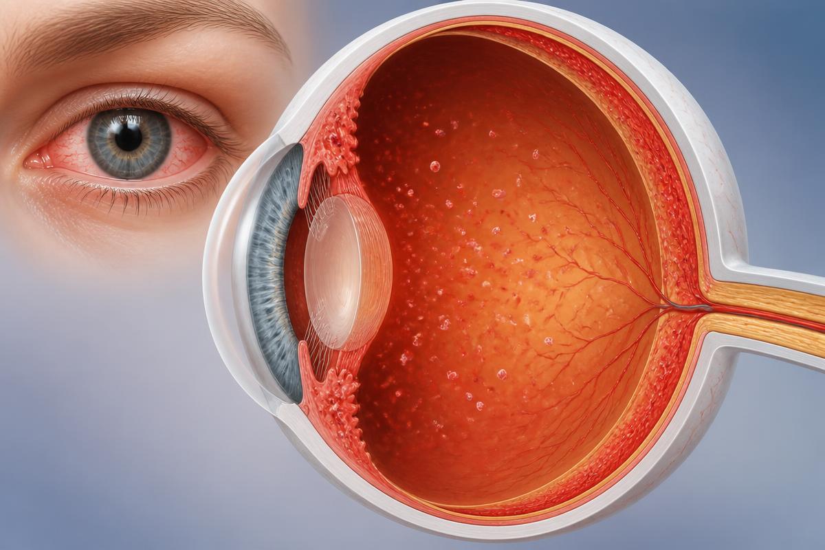 Eye cross-section illustrating inflammation involving the uveal tract