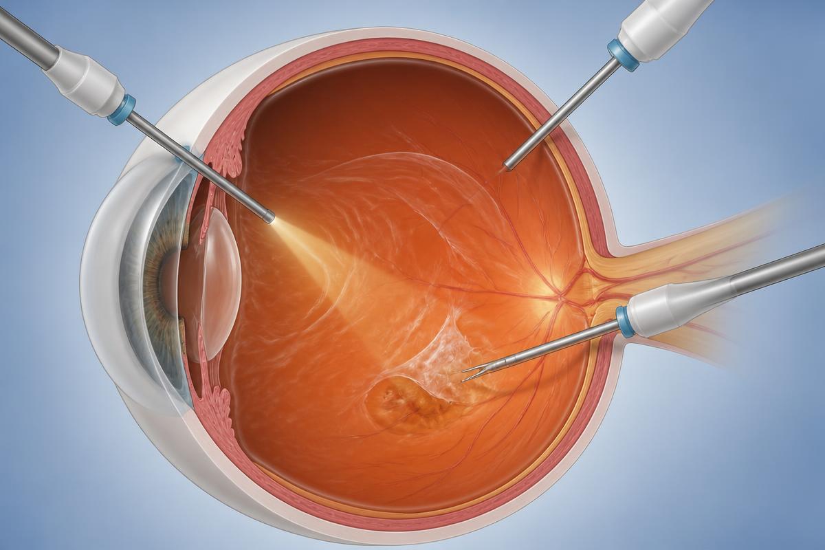 Eye cross-section illustrating small-port vitrectomy instruments treating the retina